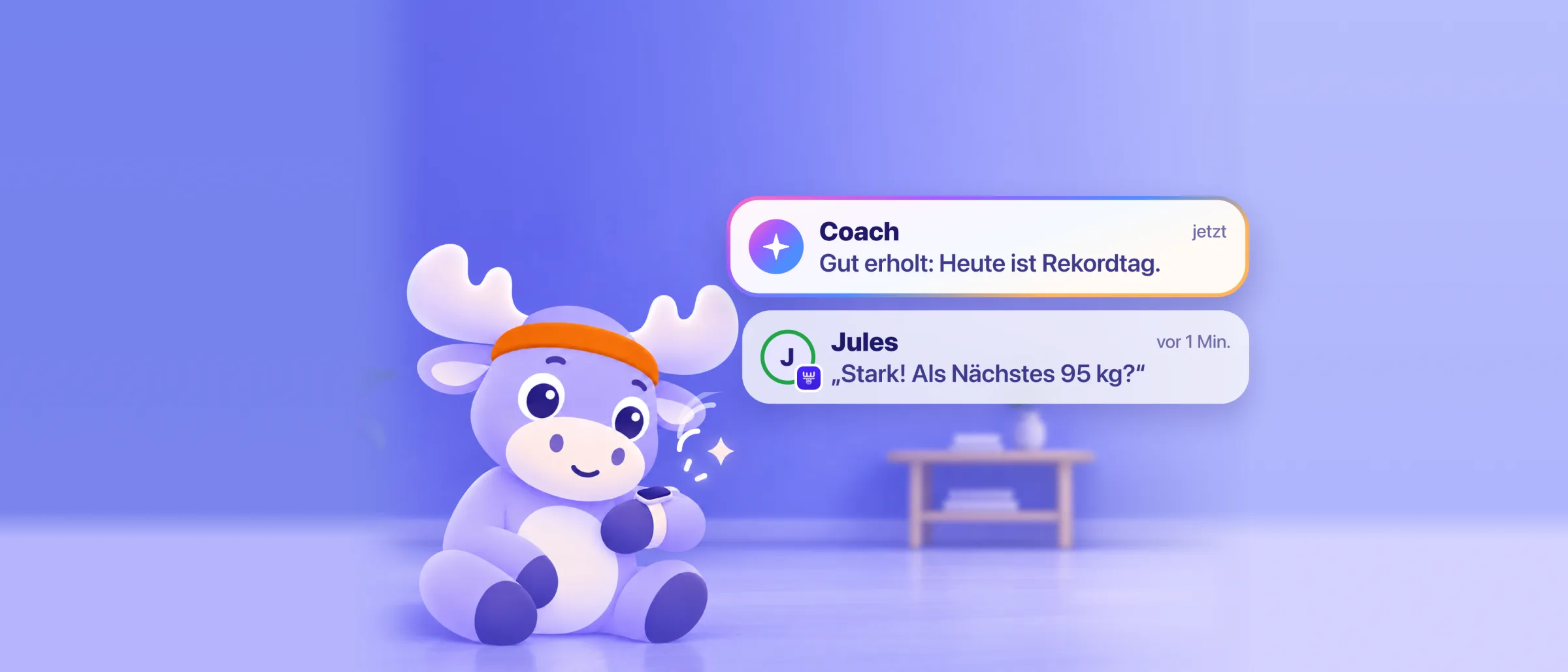 Der Elch schaut auf seine Uhr, zwischen einem Coach-Tipp und der Nachricht eines Freundes