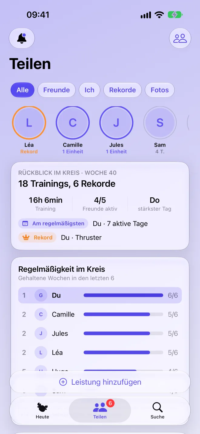 Feed mit Trainings und Rekorden von Freunden