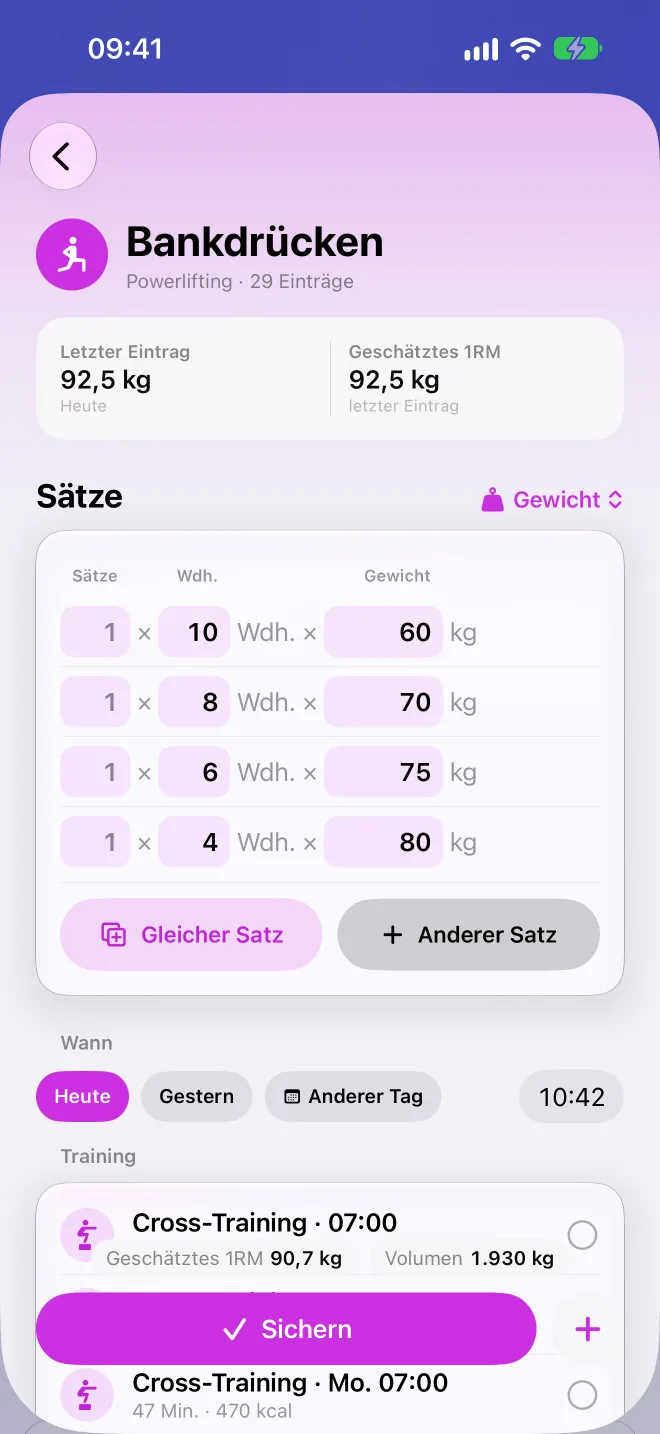 Bankdrücken notieren, Satz für Satz