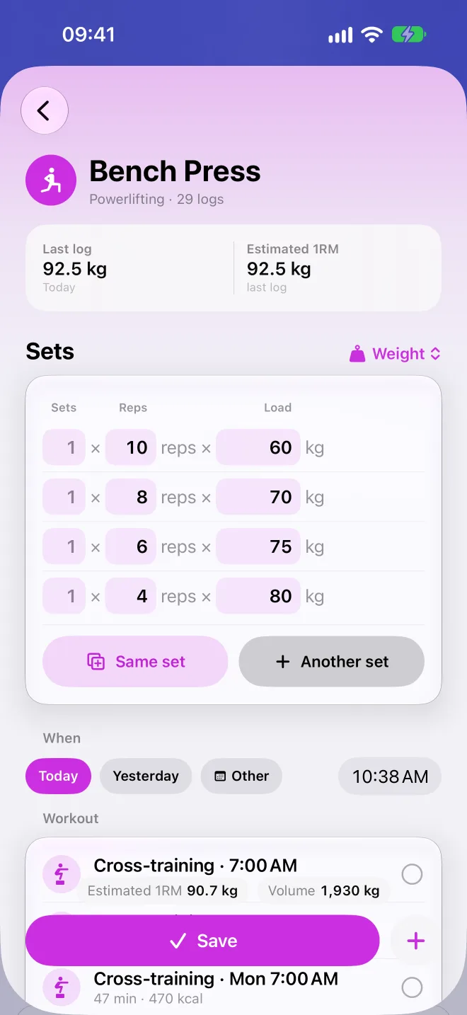 Logging a bench press, set by set