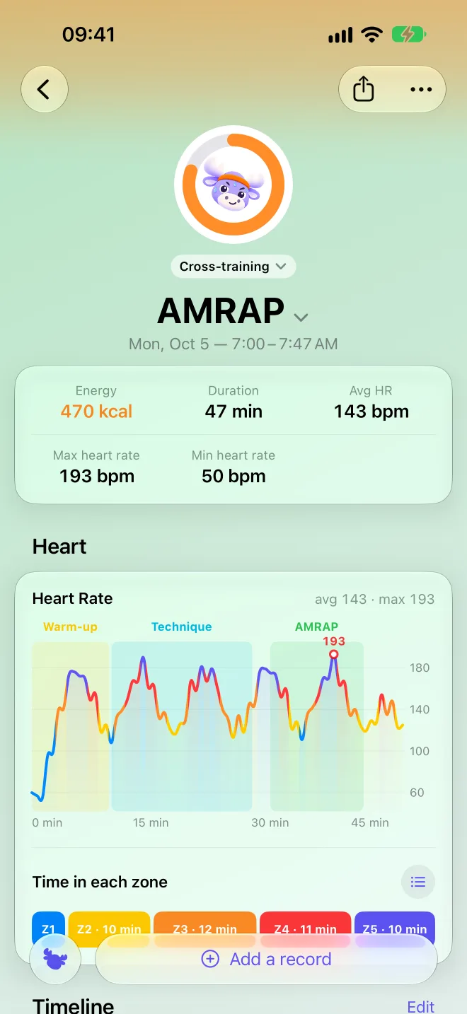 Session page: heart rate and segments
