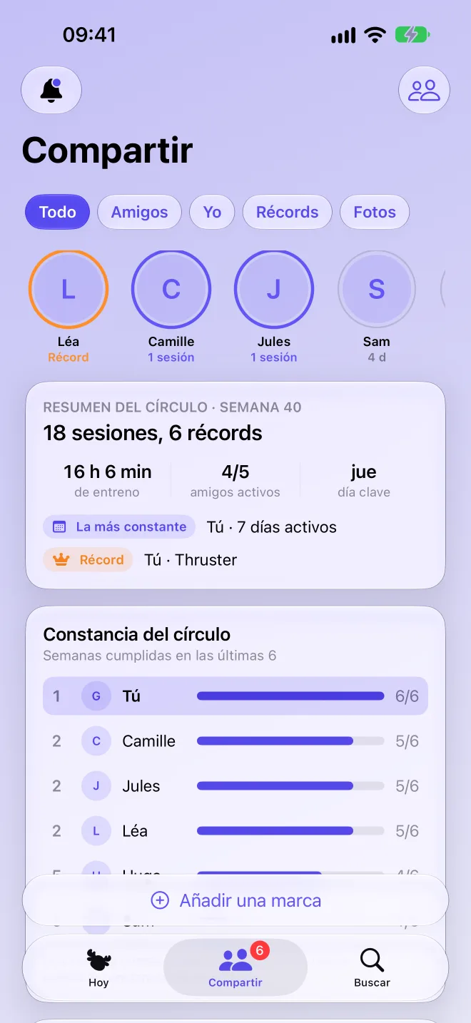 Feed con las sesiones y récords de los amigos