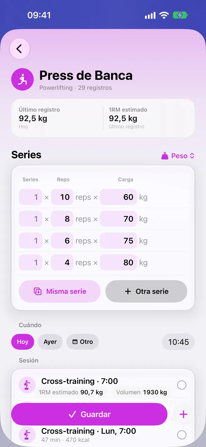 Registro de un press de banca, serie a serie