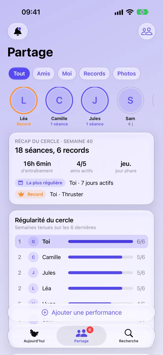 Fil de partage avec les séances et records des amis