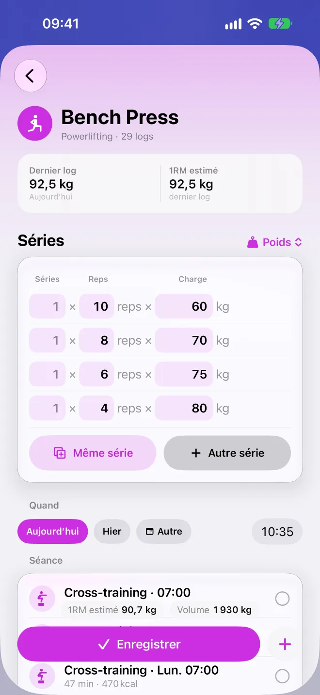 Saisie d'un Bench Press, série par série