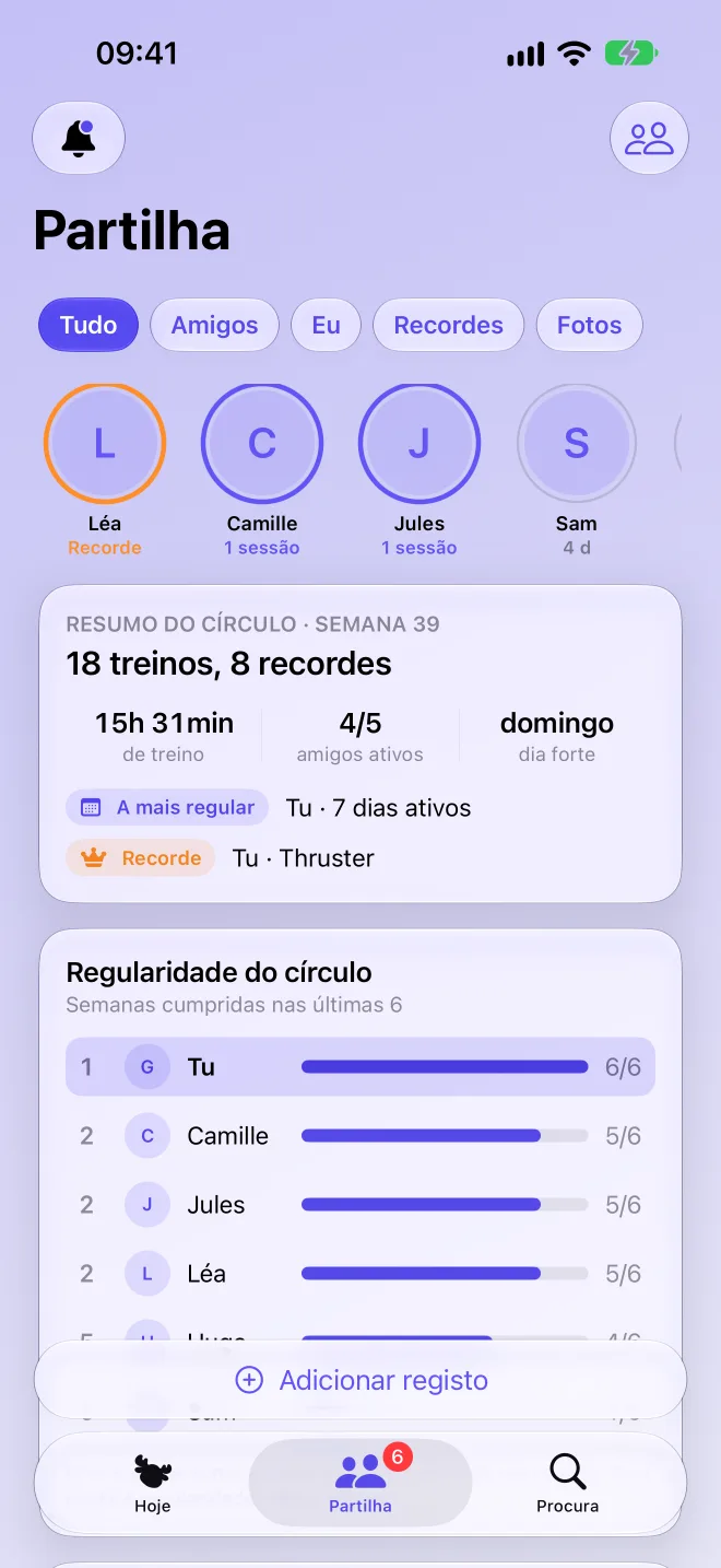 Feed com os treinos e recordes dos amigos