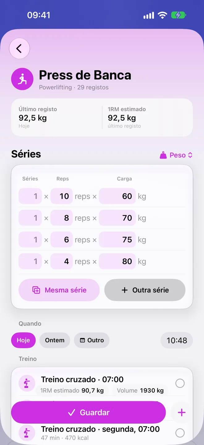 Registo de um supino, série a série