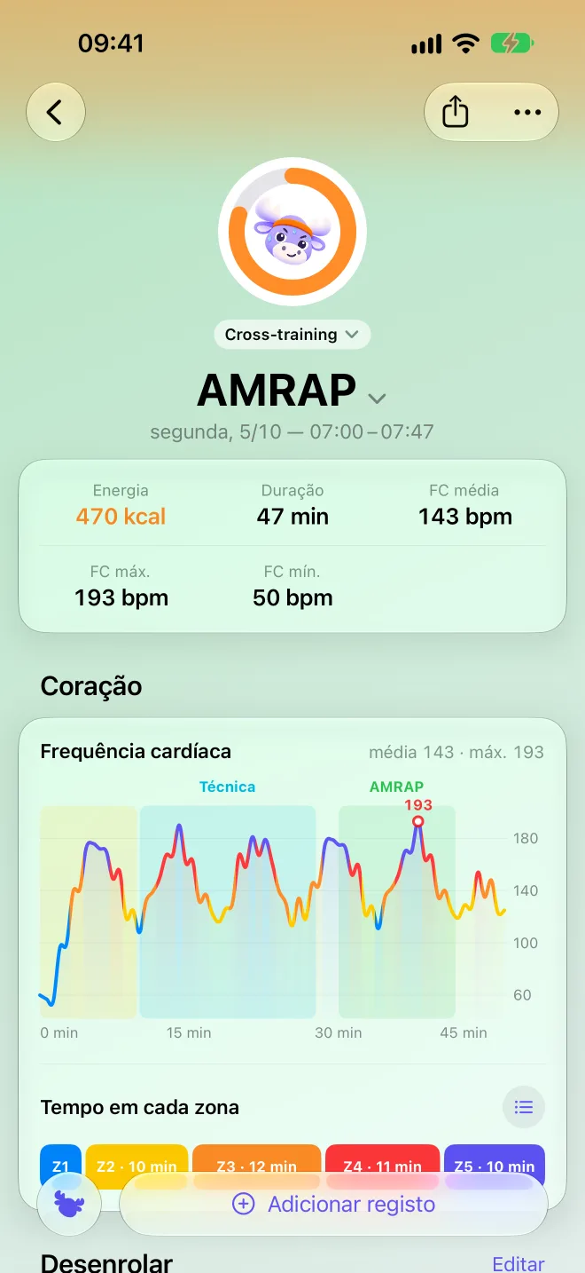 Ficha de um treino: frequência cardíaca e segmentos
